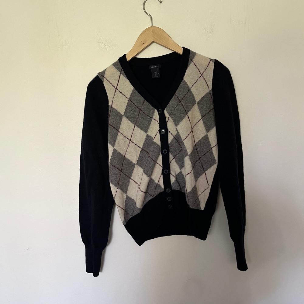 Gant Black Argyle 100% Merino Wool V-Neck Cardigan Sweater Made in Italy Size M